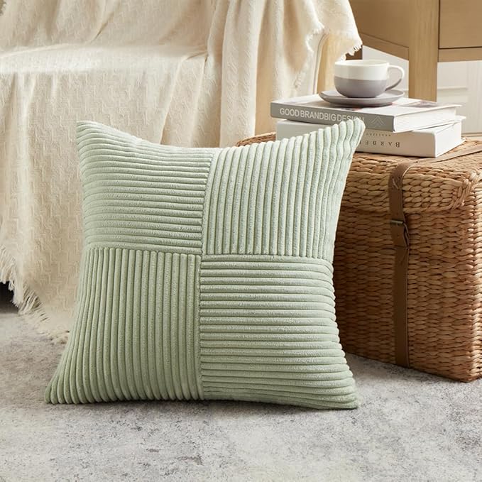 Fancy Homi 2 Packs Sage Green Big Decorative Throw Pillow Covers 24x24 Inch for Living Room Couch Bed, Rustic Farmhouse Boho Home Decor, Soft Corss Corduroy Patchwork Accent Cushion Case 60x60 cm