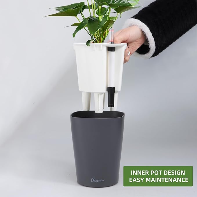 Dexceder 6x7 Self Watering Planter Indoor Outdoor, Matte Table Flower Plant Pot with Water Level Indicator (Slate Gray)