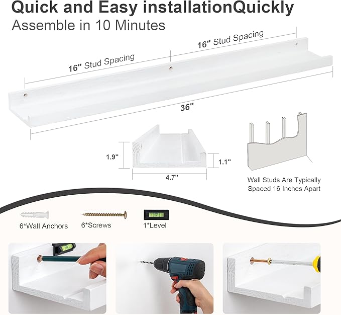 Floating Picture Ledge Shelves 36 Inch Solid Oak Wood Set of 2, Rustic Wall Storage Shelves with Lip, Kids Bookshelf, Photo & Picture Ledge Shelves for Bedroom, Living Room, Kitchen