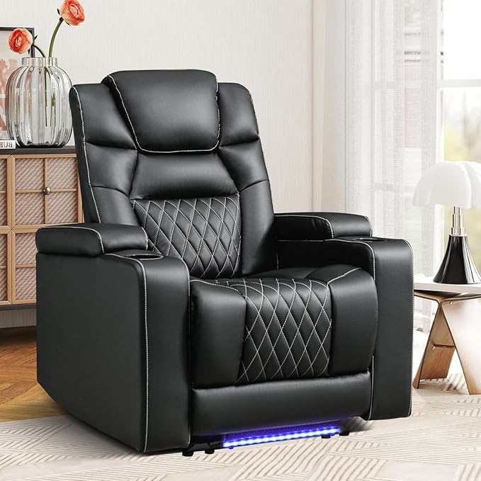 ANJ Power Recliner Chair with USB Port, Electric PU Leather Home Theater Seating for Living Room, Movie Reclining Chairs with Blue Ambient Lighting, Hidden Arm Storage, Cup Holders (Black)