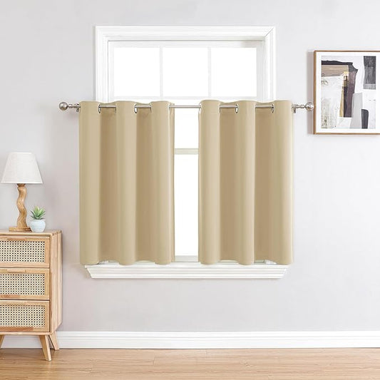 ChrisDowa Small Window Curtains 36 inches Long for Bedroom - Grommet Short Thermal Insulated Room Darkening Curtains for Kitchen (2 Panels, Biscotti Beige, 42 x 36 Inch)