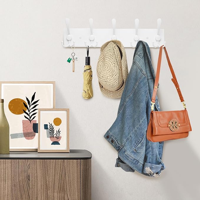 2pcs Coat Rack Wall Mount Coat Hooks Wooden Hat Rack for Wall Hooks Pine Real Wood Plank 16.9" White Coat Hanger with 5 White Triple Hooks for Hanging Coat Hat Jacket