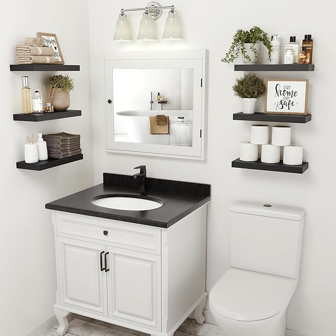 Black Floating Shelves for Wall, 16 inchs x 6.7” deep x 1.4” Wall Shelf for Bathroom Bedroom, Living Room, Kitchen, Office Home Decor, Narrow Wood Shelves with Invisible Brackets Set of 2