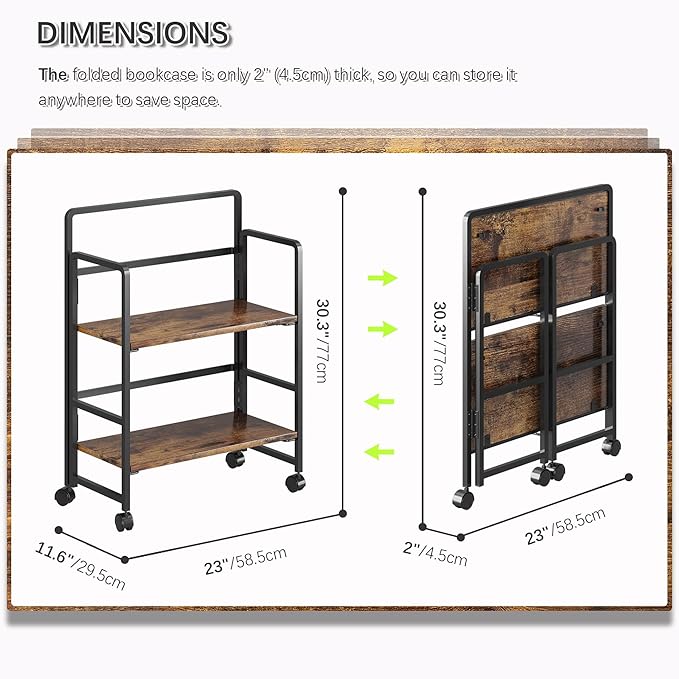 4NM 2 Tiers No-Assembly Folding Bookshelf with Wheels, Portable Rolling Storage Bookcase & Compact Side Table for Living Room, Bedroom, Kitchen, Bathroom (Rustic Brown and Black)