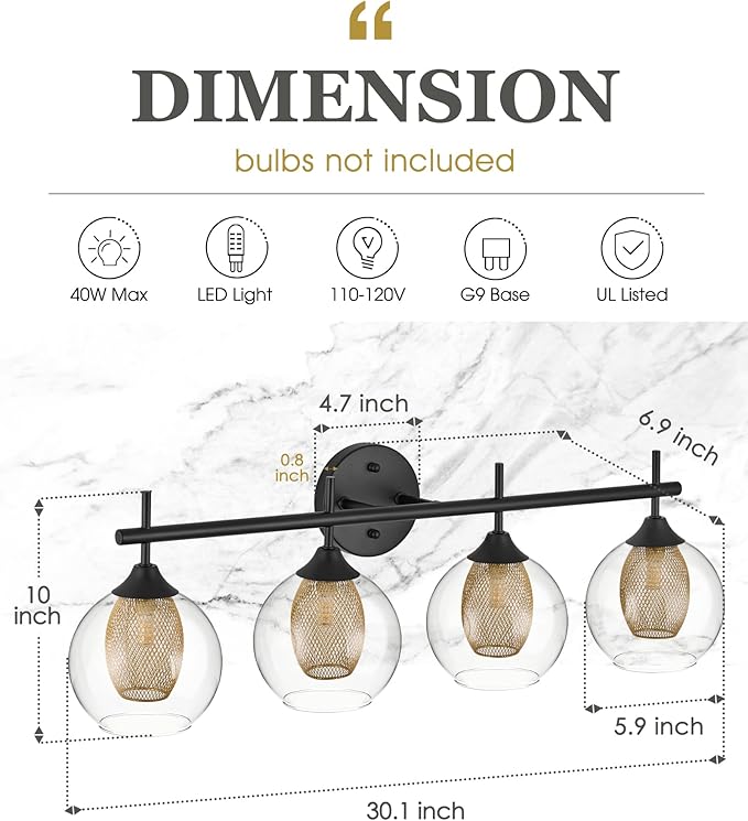 Bathroom Light Fixtures, 4-Light Black and Gold Vanity Lights Over Mirror, 30inch Farmhouse Wall Sconce Lighting with Clear Glass and Honeycomb Metal Shade, AD-22001-4W-BK