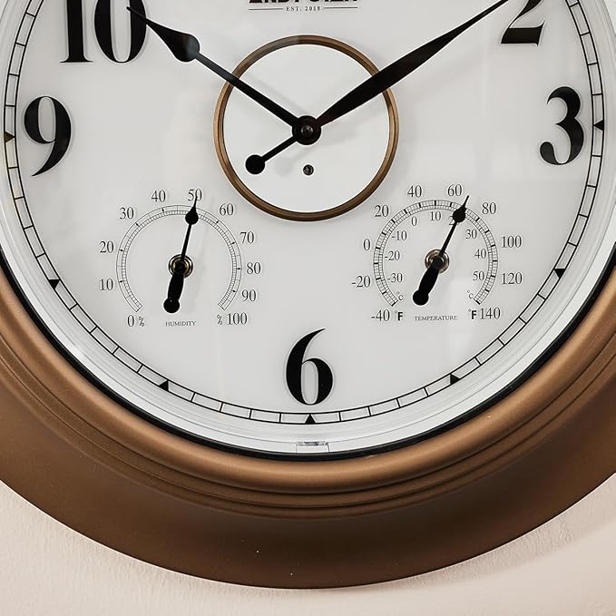 Andy Star 21 Inch Large Luminous Outdoor Wall Clock Waterproof with Temperature, Vintage Round Wall Clocks Battery, Oversized Pool Clock for Garden Patio Rustic Bronze Finish Silent Non Ticking Clock