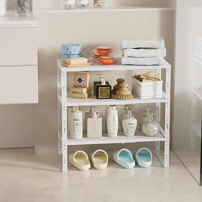 Expandable Spice Rack,Stackable Storage for Cabinet, Multi-Functional Kitchen Shelving,Height-Adjustable,Sustainable Organizer Solution(1Pack/White/Large)