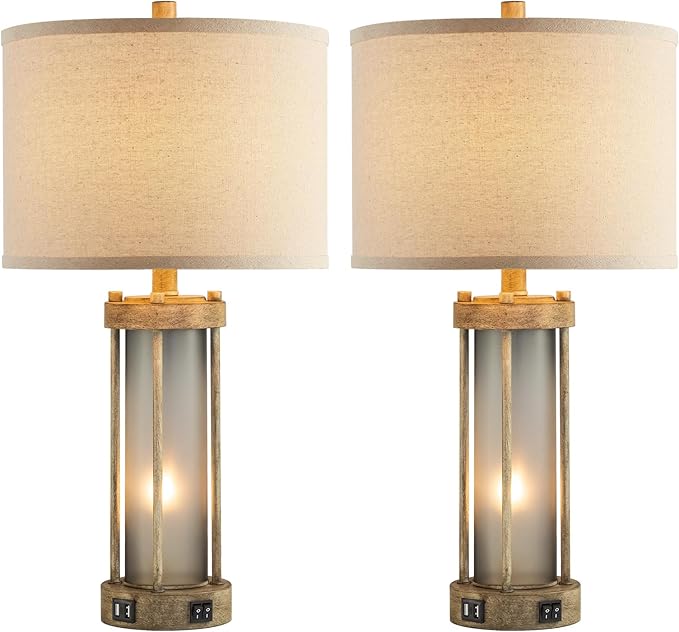Farmhouse Table Lamps Set of 2 for Living Room, Vintage Bedroom Nightstand Lamp with Dual USB Ports, Bedside Lamp with Frosted Glass Nightlight for End Table Entryway, 4 Bulbs Included (Earthy Gray)