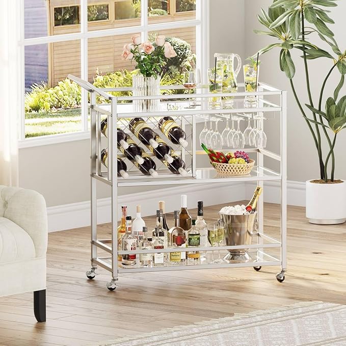 FATORRI Bar Cart Silver, Bar Carts for The Home, Home Bar Serving Carts for Liquor, Rolling Wine Cart with 3 Tier Mirrored Shelves on Wheels for Alcohol and Beverage (Silver)