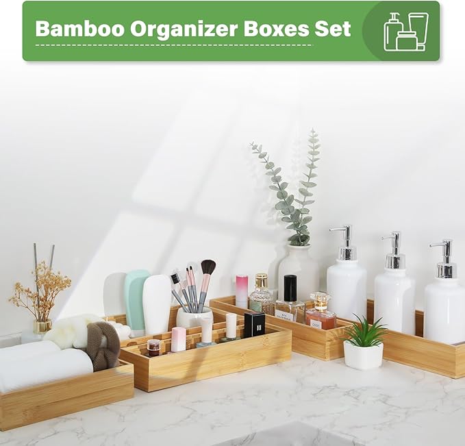 Bamboo Drawer Organizer, 2PCS Stackable Storage Boxes for Utensil Organizer, Wood Tray for kitchen, Bathroom and Bedroom 9" x 6" x 2"