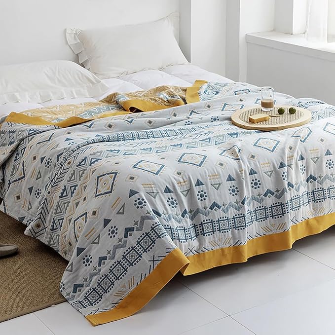 Boho Muslin Blanket for Adults 4-Layer Gauze 80 x 90 Inches Soft Cozy 100% Cotton Cooling Blanket Geometric Farmhouse Decor for Sofa Bed Coverlet Both Sides (Boho-G-Yellow, 80 x 90 in)