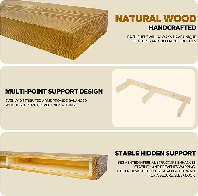 Floating Shelves 3 inch Thick for Wall Set of 2,Solid Pine Wood Wall Mount Shelf for Kitchen Living Room Bedroom Bathroom,8" D x 24" L x 3" H-Gold Oak