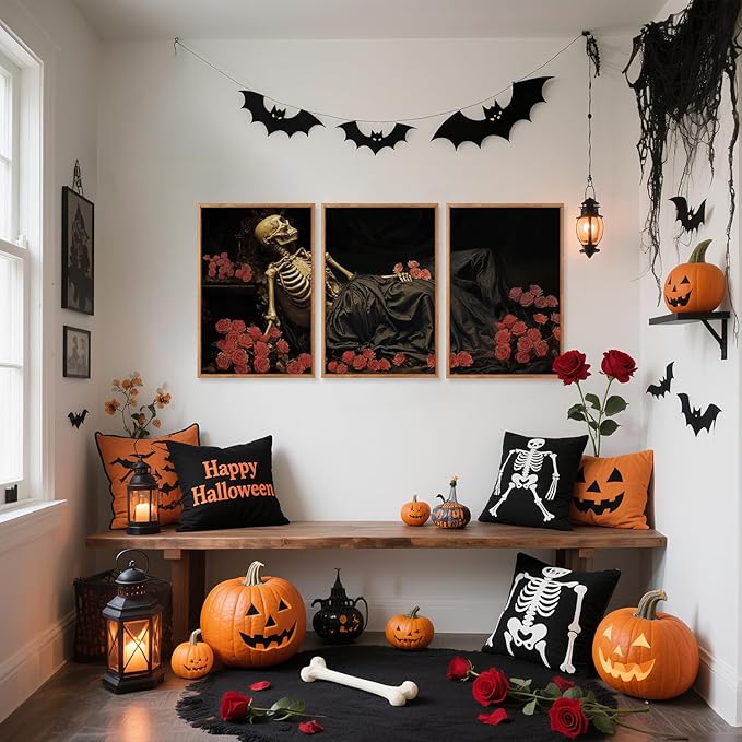 Aurlan Gothic Skeleton Roses Framed Wall Art(16"x24"), 3PCS Romantic Halloween Skull Flowers Canvas Artwork, Dark Moody Goth Mystical Creepy Decor for Home Office Bedroom