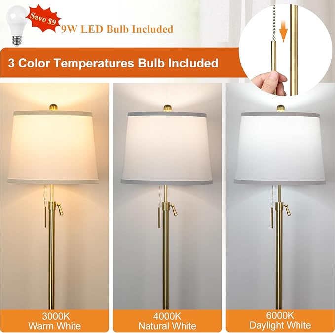 Gold Floor Lamp for Living Room, Tall Standing Lamp 55-65" Adjustable Modern Brass Floor Lamps for Bedroom Reading Office Kids 3 Color Lights Corner Night Stand (9W LED Bulb, White Shade)