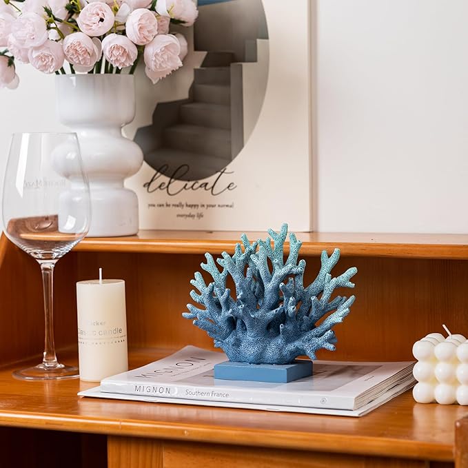 5.8" H Blue Coral Decor, Resin Coral Statue, Nautical Decorations for Home, Beach/Coastal/Ocean Themed Cabinet Shelf Tabletop Decor