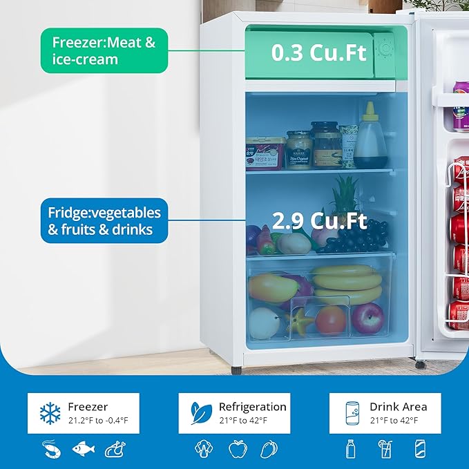 3.2 Cu.Ft Mini Fridge with Freezer, Small Refrigerator with Single Door and Adjustable Thermostat, Shelf, Energy Efficient, Compact Fridge for Bedroom, Office，white