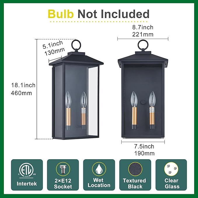 18 Inch Wall Light in Clear Glass and Textured Black and Golden Candle Cap Sleeve,Outdoor Lighting Wall Sconce,2-Light 120watts for House Doorway Garage,Bulb Not Included.