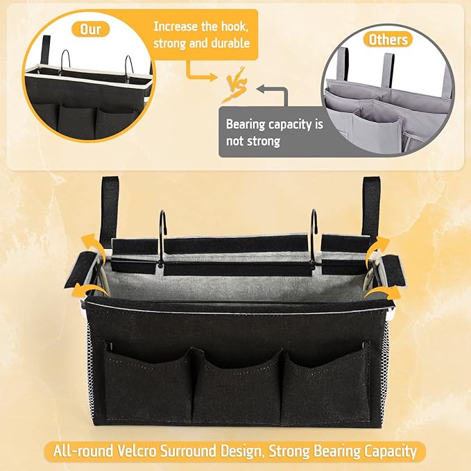 Bedside Caddy Bedside Organizer Bedside Storage Caddy with Fixed Straps and Water Bottle Holder for Home College Dorm Bunk Bed Hospital Bed Crib Bed Rails (Black)