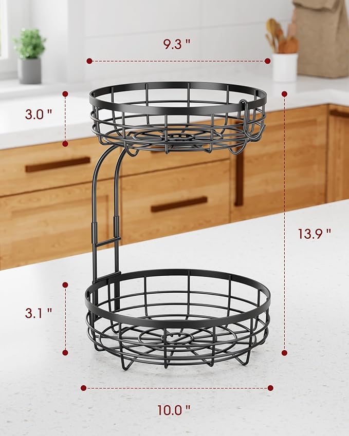 Fruit Basket for Kitchen Counter - 2-Tier Large Capacity Fruit Bowl with Detachable Banana Hanger, Rust-Proof Metal Fruit Holder for Vegetables, Bread, Toiletry,10" D x 10" W x 14" H, Black