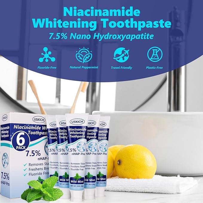 7.5% Nano Hydroxyapatite Toothpaste,6 Pack Fresh Breath Toothpaste for Remineralizing Enamel & Sensitive Relief,Whitening,Antiplaque,Natural Peppermint,Fluoride-Free