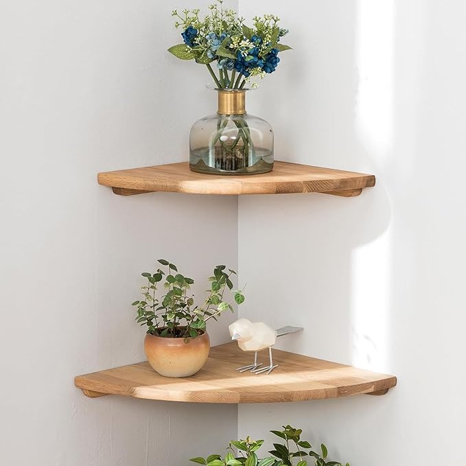 Corner Shelves, Floating Corner Shelf, Set of 2 Solid Oak Wood Wall Shelves, Round End Wall Mount with Wire Hole Shelving for Small Plant for Bedroom Kitchen, Living Room 8.7“