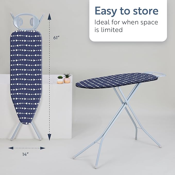 Classic 4-Leg Ironing Board with Iron Rest - Freestanding Full Size Iron Board for Clothes Pressing and Steaming with 43" x 14" Surface - Blue Arrows