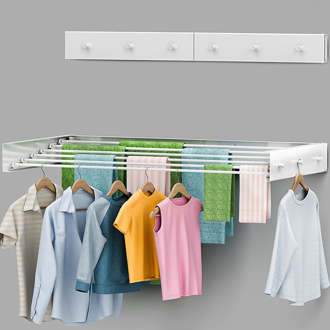 Foldable Wall Mounted Drying Rack 40 inch - Easy to Install Hanging Rack for Laundry Room - Space Saving Design with 66-lb Capacity - Perfect Drying Racks for Clothes Towels & More