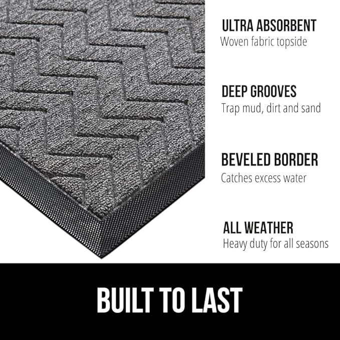 GORILLA GRIP 100% Waterproof All-Season WeatherMax Doormat US Designed Natural Rubber, Stain and Fade Resistant, Low Profile Indoor Outdoor Door Mats, Easy Clean Patio Mat, 17x29, Steel Chevron