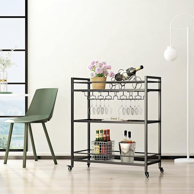Glass Black Bar Carts for Home with Hanging Wine Rack - Home Bar Serving Cart with 3 Mirrored Shelves, Kitchen Bar Carts, Wine Cart for Entertaining, Club Party.
