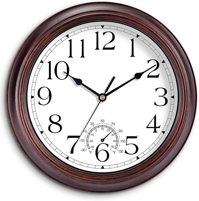 12 Inch Outdoor Wall Clock with Thermometers, Vintage Silent Wall Clocks Battery Operated, Retro Non-Ticking Clock Decorative for Living Room, Patio, Kitchen, Office, Bathroom, Bedroom(Bronze)
