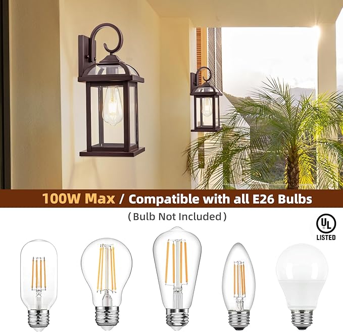 Bronze Outdoor Wall Lanterns Aluminum Anti-Rust Porch Lights 2-Pack, Exterior Light Fixtures IP65 Waterproof Clear Glass Brown Outdoor Sconces Lamps Wall Mount, Oil Rubbed Bronze