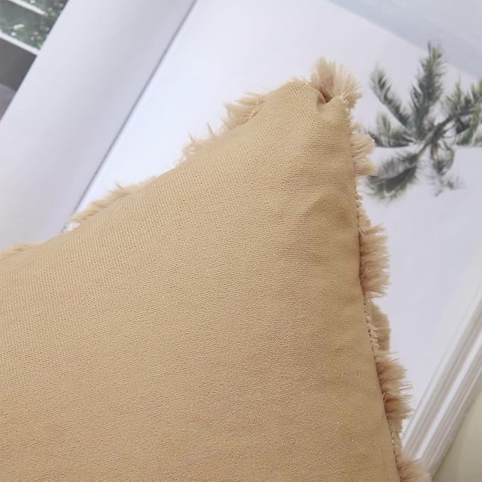 decorUhome Throw Pillow Covers 12x20 Inch Set of 2, Soft Plush Decorative Faux Fur Light Brown Solid Couch Pillow Covers, Accent Farmhouse Neutral Lumbar Euro Pillow Cases for Sofa Bed Living Room