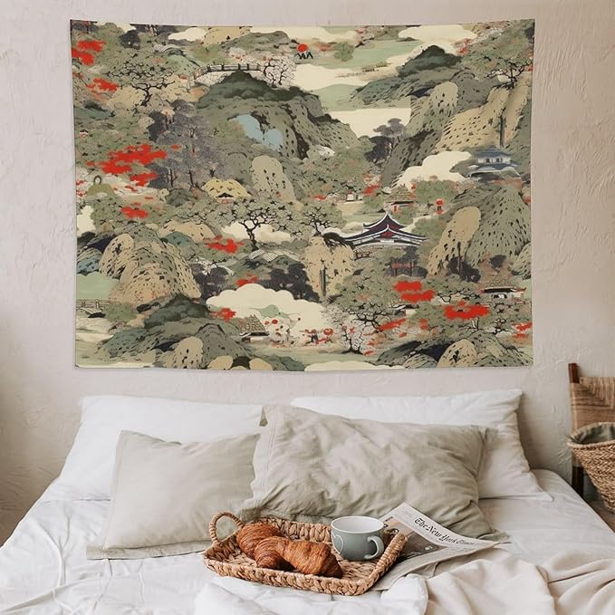 Asian Tapestry,Japanese Red Landscape Asian Watercolor Abstract Art Tapestry, Asian Japanese Wall Tapestry, Nature Landscape Tapestries for Bedroom Living Room Decor 80"x60"