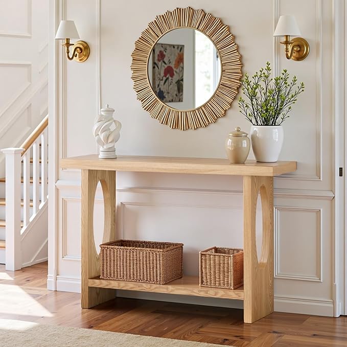 BECHAEO 47-Inch Farmhouse Narrow Console Table, 2'' Thickened Entryway Table with Solid Wood Veneer, 2-Tier Sofa Tables Behind Couch, Rectangle Hallway Tables for Living Room, Foyer Rustic Oak