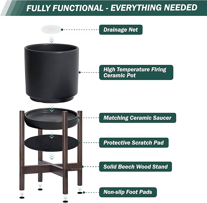 D'vine Dev Ceramic Planter with Walnut Color Stand - 8 Inch Modern Round Flower Pot with Wood Planter Holder, Black, 55-B-Y-2