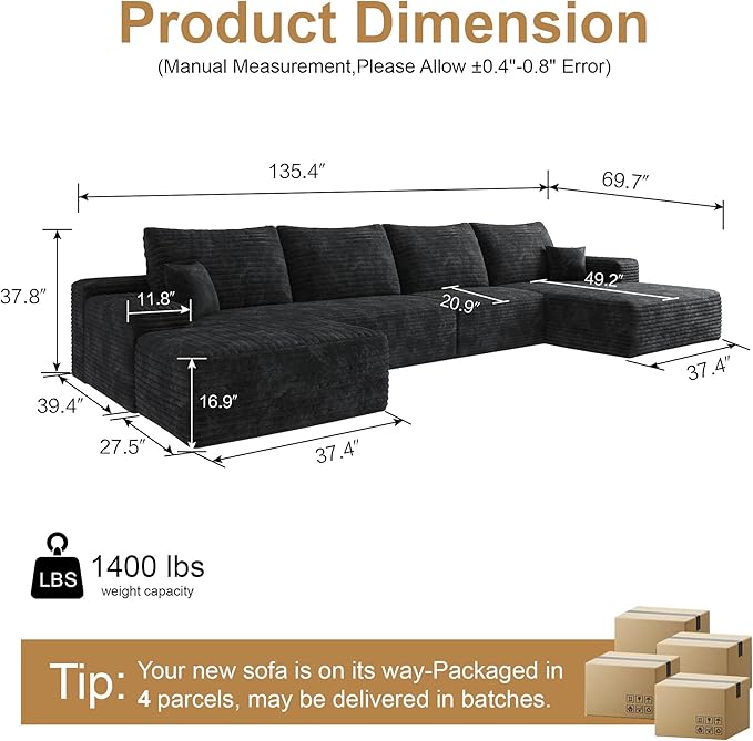 136" Sectional Couches for Living Room Modern Modular Sofa with L-Shape Couchs Upholstered Boneless Couch Deep Seat Sectional Couch with Chaise (Black, Right Facing Chaise+3Seaters+Ottoman)