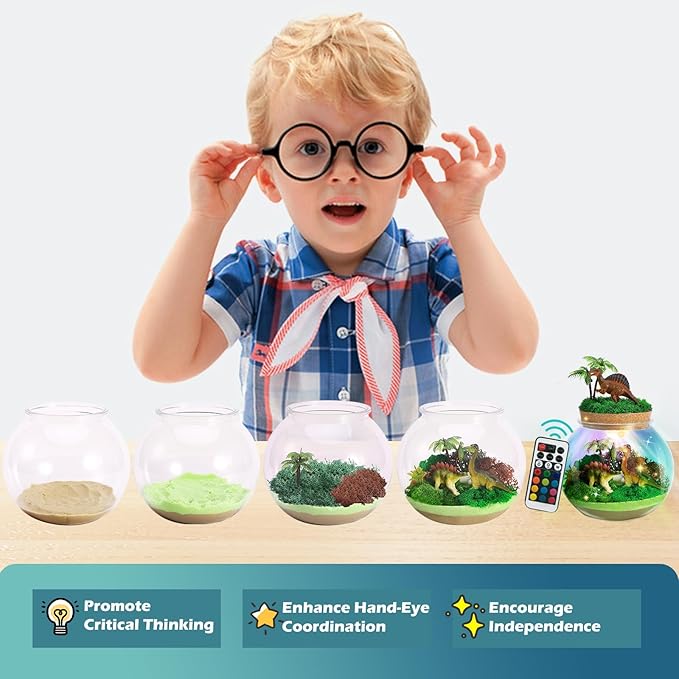 Dinosaur Light-Up Terrarium Kit for Kids- Birthday Gifts for Boys Ages 4 5 6 7 8-12 Year Old- Dinosaur Toys for Boys with Multicolor LED Light & Remote