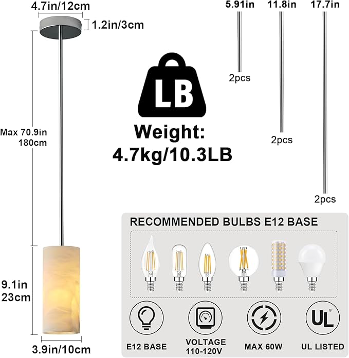 Alabaster Pendant Light Kitchen Island, H-9.5in Nickel Pendant Light Fixtures with Natural Marble Shade, Adjustable Ceiling Pendant for Dining Room, Living Room, Bedroom & Bathroom