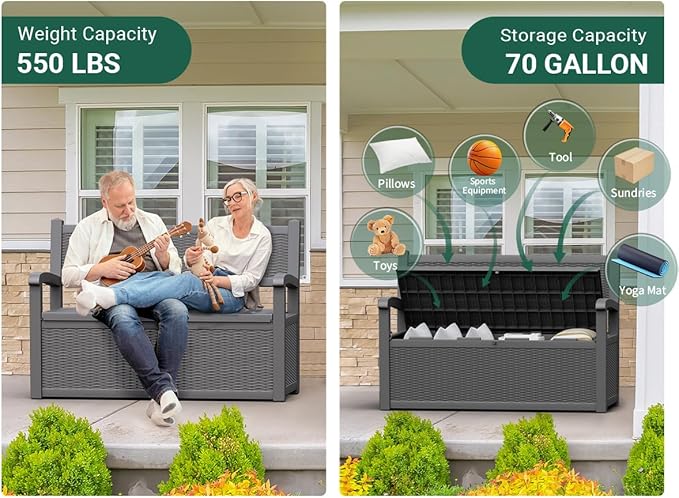 70 Gallon Outdoor Storage Box, Resin Patio Furniture with Armrest, Lockable Deck Box with Waterproof and UV Resistant for Patio Cushions, Garden Tools and Pool Supplies, Grey