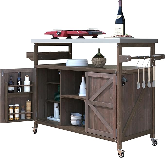 Farmhouse Solid Wood Grill Table with Stainless Steel Top, Outdoor Rolling Bar Cart & Storage Cabinet with Spice & Towel Rack, Outdoor Kitchen Island with Internal Storage Rack, Dark Brown