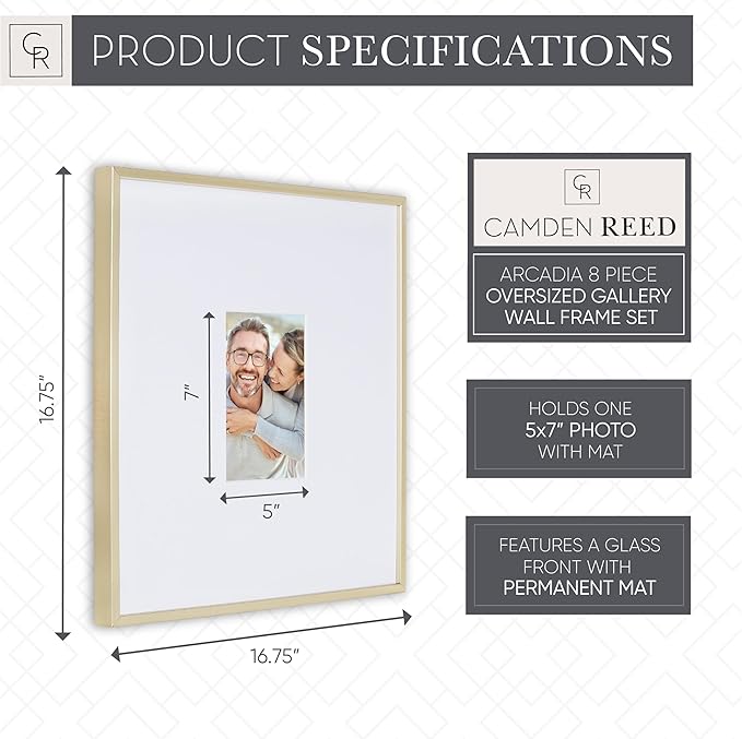 Camden Reed Arcadia 8 Piece Oversized Gallery Wall Frame, 16x20 and 16x16 Inch Matted Frames for Featuring 8x10 and 5x7 Inch Photographs or Art Prints, Gold Finish