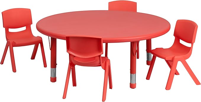 EMMA + OLIVER 45" Round Red Plastic Adjustable Activity Table Set-4 Chairs