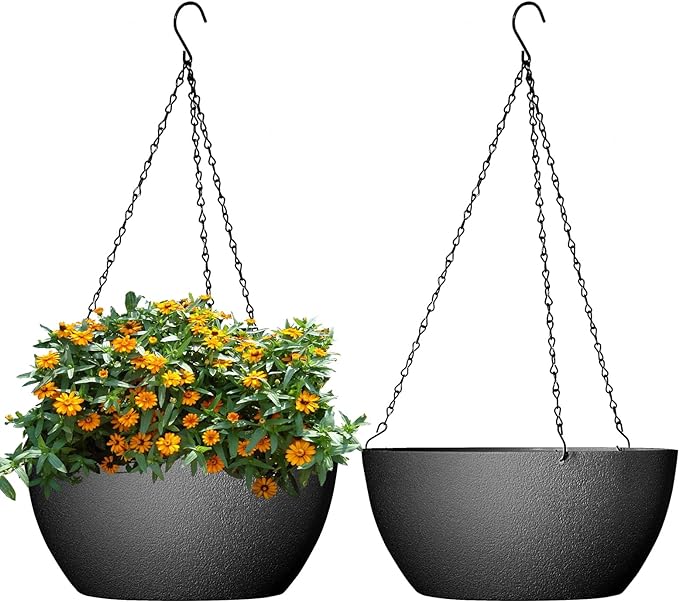 13 inch Large Hanging Planters Plant Pots for Outdoor Indoor Plants with Drainage Holes and Chain, 2 Pack Round Hanging Flower Pots for Garden Home Porch Decor, Black