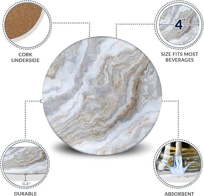 Emerson Coasters for Drinks Absorbent – Natural Stone Drink Coasters Set with Holder, Coasters for Coffee Table, Wooden Tabletop Protection Marble Style – 100% Heavy Duty Set of 6 (Sky)