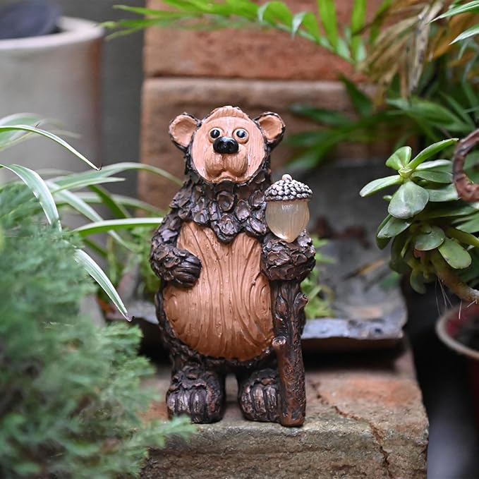 Bear Garden Figurines Outdoor Decor Solar Statue with LED Lights for Patio Lawn Yard Art Decoration Housewarming Garden Gift
