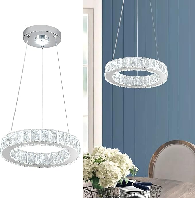 11.8" Crystal Chandelier LED Round Flush Mount Ceiling Light Fixture Modern Hanging Pendant Lighting Mini Ring Chandeliers for Dining Room Kitchen Island Hallway Bathroom (Cool White)