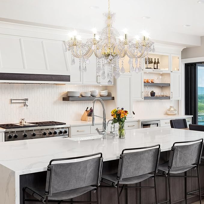 10-Light Crystal Chandelier Clear K9 Crystal Luxury Ceiling Light Fixture Flush Mount Pendant Lighting for Living Room Dining Room Bedroom Kitchen Hallway Entryway