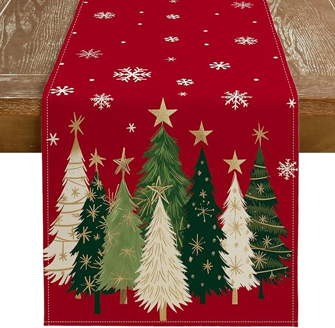 GEEORY Christmas Table Runner 13x108 Inch, Xmas Trees Snowflakes Holiday Decorative Farmhouse Table Decoration for Kitchen Dinning, Indoor Outdoor Dinner Party Decor (Red) GT150-108