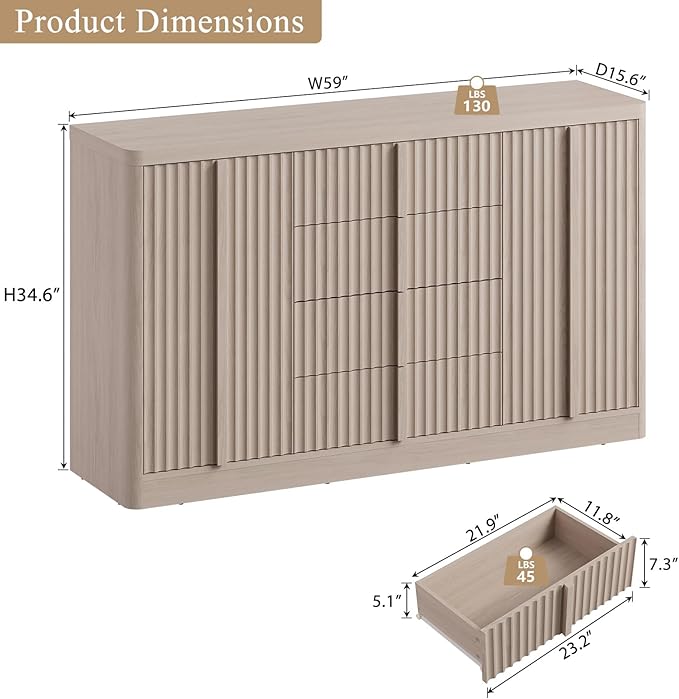 Buffet Cabinet with Storage, 60" Fluted Coffee Bar Cabinet with 4 Drawers & 2 Doors, Solid Wood Handle, Credenza Accent Storage Cabinet for Kitchen Living Dining Room, Natural Oak(1PCS)