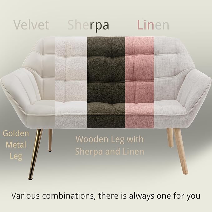 48”Small Loveseat Sofa, Modern Linen Upholstered Mini Couch 2-Seater Fluffy Love Seat with Quilting Backs and Wood Legs for Small Space Living Room, Bedroom, Beige